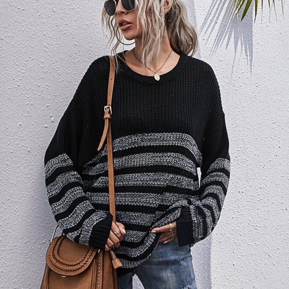 black charcoal oversized stripes knit sweater - Picture 2 of 5